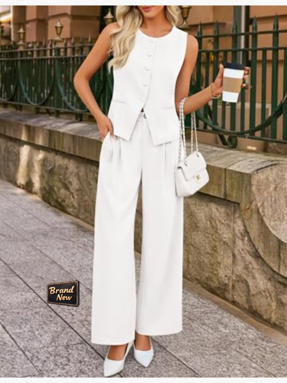 Sleeveless Blazer Vest Wide Leg Pants 2 Piece Suit Set Business Casual Work - Picture 4 of 7